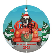 Funny St. Bernard Dog Ride Car My First Christmas 2021 Pet Lover Circle Ornament - £15.78 GBP