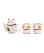 Japanese Maneki Neko Lucky Beckoning Cat Ceramic Tea Pot And 2 Teacup Mu... - $57.18 CAD