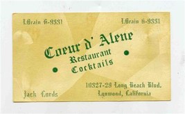 Coeur d&#39;Alene Restaurant Card Long Beach Blvd Lynwood California 1950&#39;s - £9.32 GBP