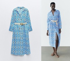 ZARA BLUE PRINT MIDI 100% COTTON SHIRT DRESS W/BELT+ SIDE POCKETS - S - $69.99