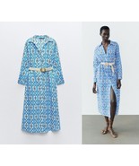 ZARA BLUE PRINT MIDI 100% COTTON SHIRT DRESS W/BELT+ SIDE POCKETS - S - $95.72 CAD