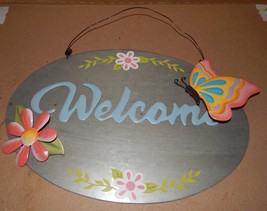 Welcome Sign Metal 14" x 10" Butterflies & Flowers Celebrate The Season 154Y - $12.49