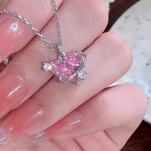 Dainty Pink Crystal Planet Heart Necklace – Silver Orbit Pendant for Women - $10.00