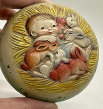 ANRI Small Round 4&quot; Trinket Box Baby Bunnies Manger Hand Painted Italy Vintage - £15.56 GBP