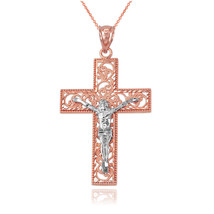 10K Two-Tone Rose Gold Filigree Crucifix Cross DC Pendant Necklace - £103.43 GBP+