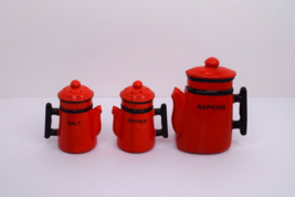 Vintage Red Coffee Pot Shaped Salt &amp; Pepper Shaker Set w/ Napkin Holder ... - $14.84
