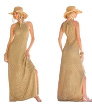 Boston Proper Crochet Knit Maxi Dress Womens Sz L Beige High Neck Slits Coastal - $38.83