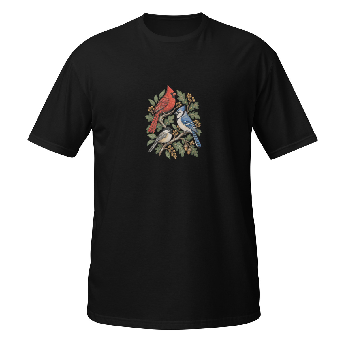 Printful digital mockup of a black T-shirt with a cardinal, blue jay and chickadee illustration