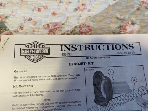 HARLEY DAVIDSON INSTRUCTION SHEET Dynojet Kit. JO3135. Kit # 29604-00A - $3.95