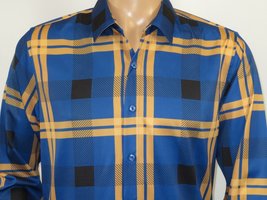 Men's Sports Shirt By Moderno Plaid Fancy Silky Long Sleeves MJLS-810 Navy Blue image 4