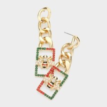 Red Green Gold Crystal Bee Fun Chain Link Fashion Stylish Trendy Dangle Earrings - £19.57 GBP