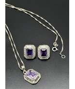 Jane Craft Sterling Silver Necklace Earrings Set 3 Amethyst CZ Halo Pend... - $29.63