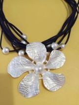 Jasmine White Flower Pendant on Navy Chunky Statement Necklace 20-23&quot; - £18.53 GBP