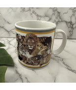 Applause Vintage 90s Wild Cats Print Coffee Mug White Yellow Lion Leopar... - $404.14 MXN