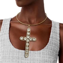Clear Crystal Cross Pendant Gold Plated Collar Religious Necklace Set 20&quot; - £39.16 GBP