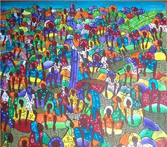 Rare Signed B. MASCARY Haitian Art &quot;Women In The Marketplace&quot; Acrylic Painting H - £607.26 GBP