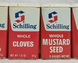 Vintage Schilling Spice Tins Lot of 4 Cloves Mustard Celery Seed Bay Lea... - $22.95
