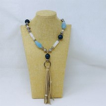 Chico&#39;s Necklace with Tassel Silver Tone Beads Blue Clear Stones 28-32&quot; - £37.97 GBP