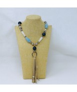 Chico&#39;s Necklace with Tassel Silver Tone Beads Blue Clear Stones 28-32&quot; - €41,59 EUR