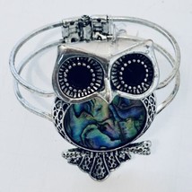 Silver Tone Owl Cuff Bracelet Black Stone Eyes Colorful Stone Body 6 1/2&quot; - $22.22