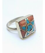 Boho Tibetan Brass Ring with Turquoise and Coral Inlay – Handmade Ethnic... - $70.07 CAD