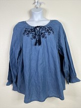 Catherines Womens Plus Size 1X Chambray Floral  Stitch Tassled Top Long Sleeve - £16.61 GBP