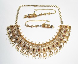 Estate India Gold Plated Genuine Pearl Crystal Choker Necklace Earring Set C1904 - £89.85 GBP
