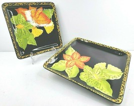 Laurie Gates Ware Square (1) Dinner (1) Salad Plate Set Tropical Flowers Black - £55.46 GBP