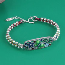 Hand Woven Sterling Silver Beaded Bracelet With  Enamel Flower Connector,Gifts - £41.51 GBP