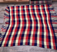 VTG MCM Blanket Throw Red Off White Blue Handmade Retro 47”x55” Football... - $26.18