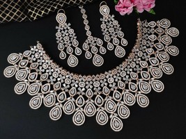 Bollywood Style Rose Gold Plated CZ Indian Necklace Earrings Tikka Jewelry Set - £229.74 GBP