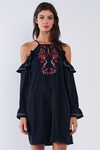 Black Boho Multicolor Traditional Slavic Inspired Floral Embroidery Loose Fit Ru - $26.00