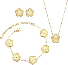 Clover Jewelry Set 18K Gold Plated Stainless Steel Necklace with Flower Design F - £31.04 GBP