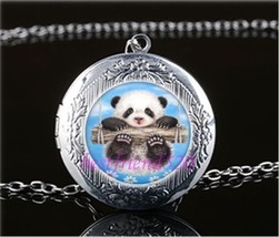 Panda Blue Branch LOCKET Pendant Silver Chain Necklace USA Ship #194 - £11.02 GBP