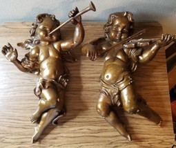 Vintage Italian Classical Gilt Figural Musician Cherubs Wall Sculptures16&quot; - £469.67 GBP