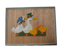Vintage 70s Yarn Needle Work Wood Framed Ducks Geese 17&quot; x 13&quot;T Germany - £22.94 GBP