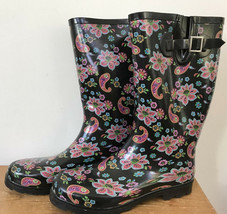 Womens Rubber Pink Black Floral Paisley Rain Snow Garden Calf Buckle Boo... - $36.62