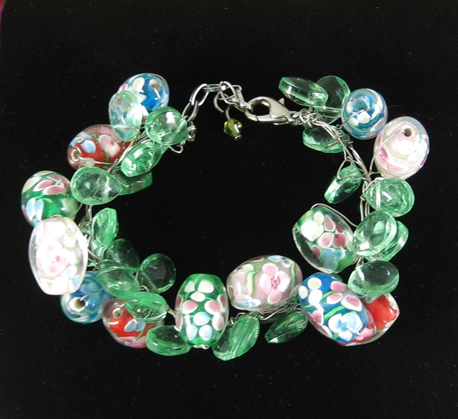 Primary image for Green ART GLASS FLOWER BEADS Vintage Bracelet Floral Cased Teardrop Handcrafted