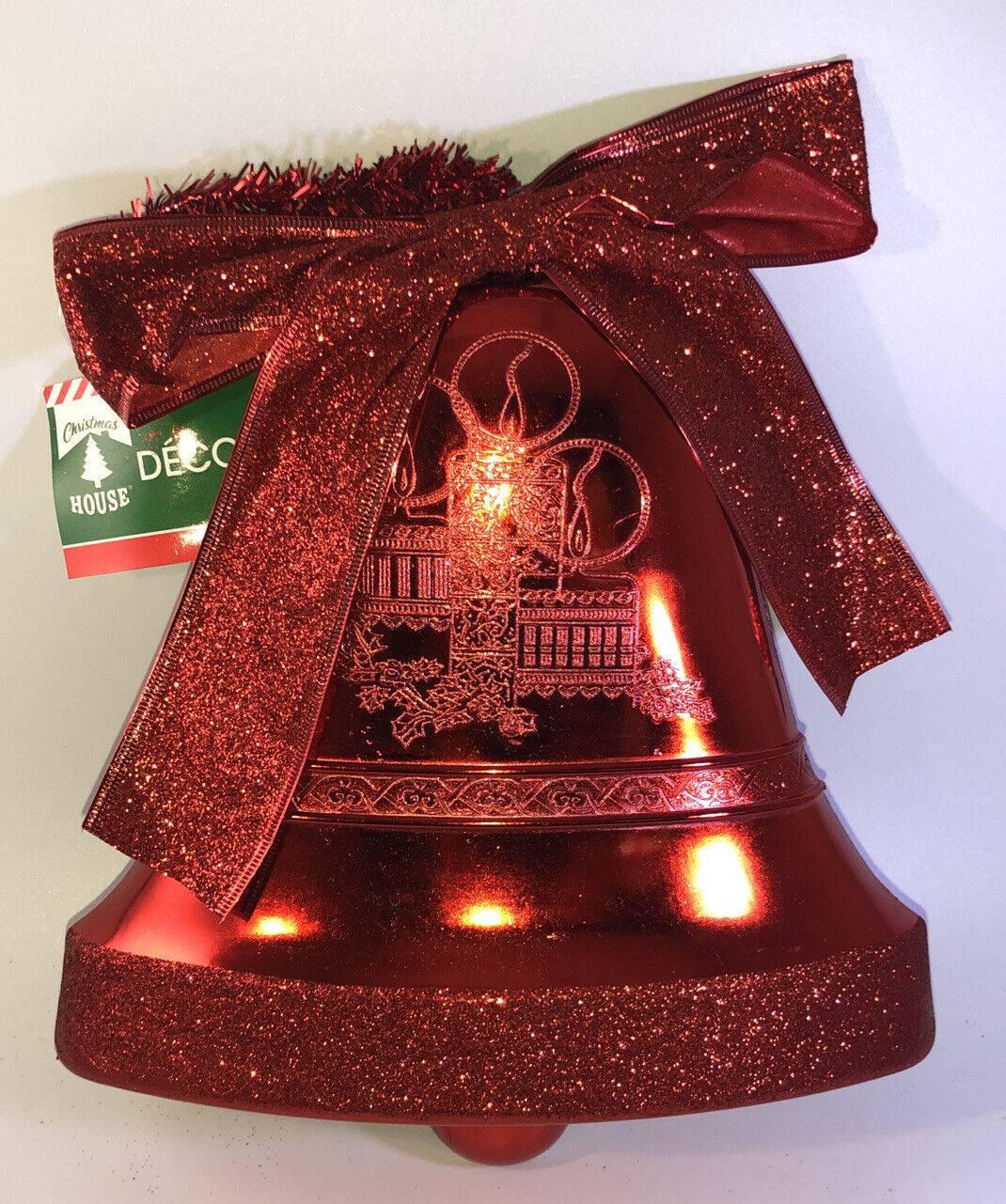 Red 10”Flat  Plastic Hanging Christmas Bell  W Bow, Glittery & Candles On Front - $29.35