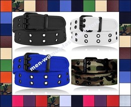 Men&#39;s Women&#39;s Unisex Web Cotton Canvas Buckle Belt 2-Holes Black Silver ... - £5.10 GBP+