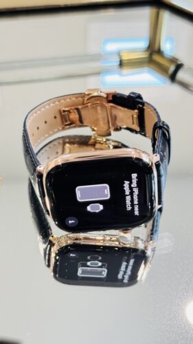 24k ROSE Gold Plated Apple Watch Series 10 46mm Black Leather Band CUSTOM Item image 9