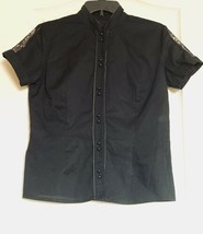 Womens Black Button Up Shirt, Lace on Upper Sleeves, Embroidery on Back,... - $13.85