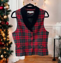 Vintage Norton Mcnaughton Vest Womens 10 Red Tartan Black Velvet Trim Ho... - $27.70