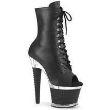 PLEASER Sexy 7&quot; Heel Textured Platform Open Toe Lace Up Black Womens Ankle Boots - £76.28 GBP