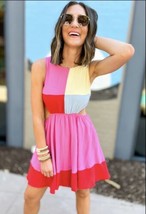 Pink Round Neck Colorblock Entro Dress Cut Out Waist NWT Large  - $16.36