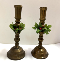 Christmas Brass Candlestick Candle Holder set Holly Ring  9&quot; - $19.00