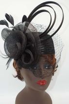 H9011R - Black - Church Hat Women Pillbox Satin Veil Rose Feather - £37.71 GBP