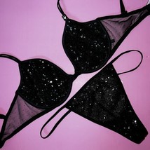 Nwt Victoria&#39;s Secret Unlined 34DD Bra Set Xl Thong Black Sequined Very Sexy - £55.37 GBP