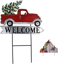 Rustic Truck Garden Stake Welcome Sign Fall Vintage Red Truck With Tree &amp;Pumpkin - £29.79 GBP