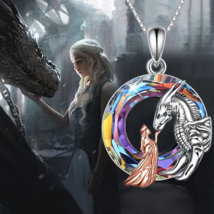 Exquisite Blue Crystal Charm Princess &amp; Dragon Pendant Necklace - 20&quot; - £10.20 GBP+